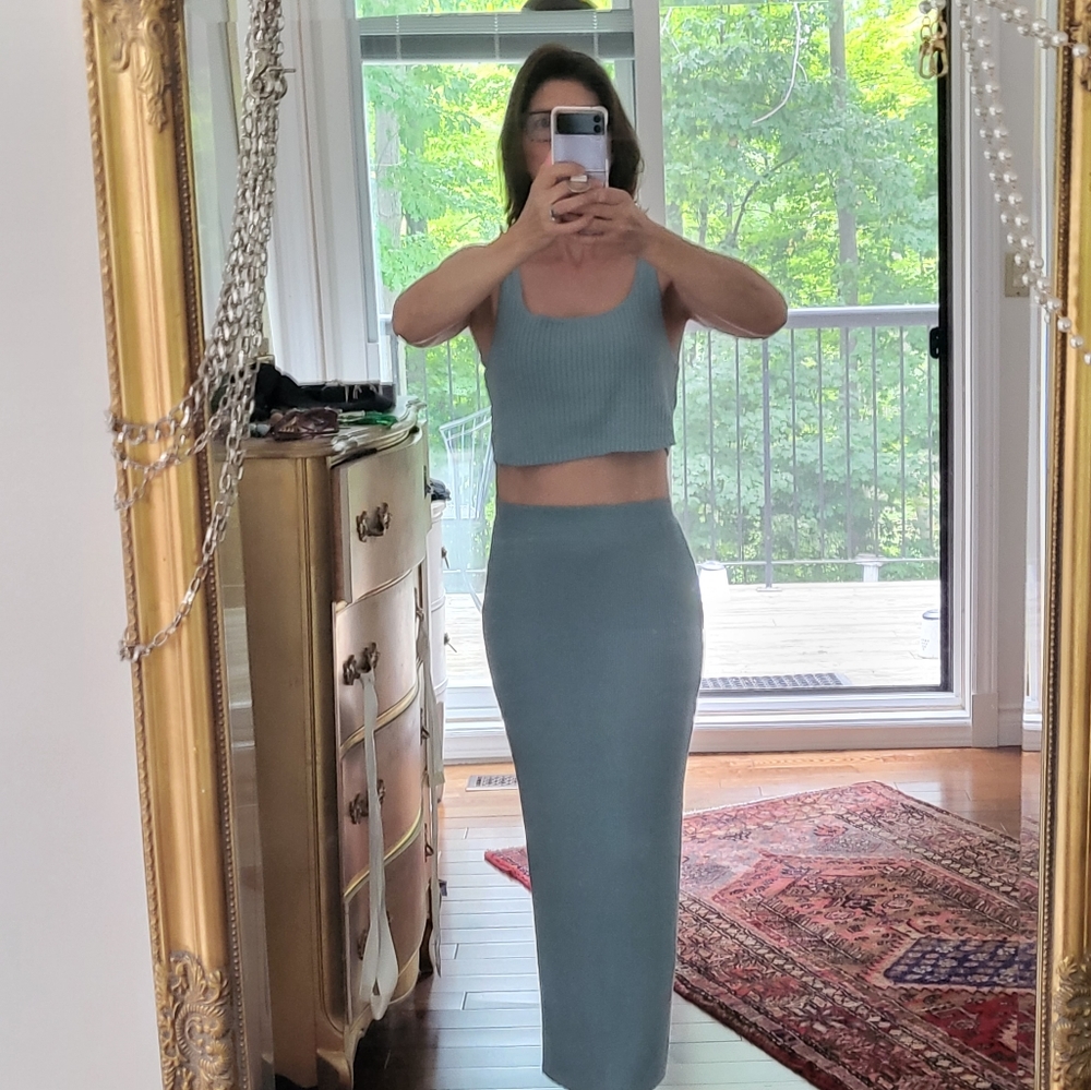 Small aqua ribbed knit top and skirt set.